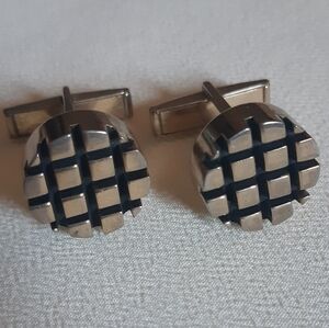 Vintage Cuff Links Silver Tone Metal 5/8" Black Grid Work ⚡BUY 3 for $55⚡